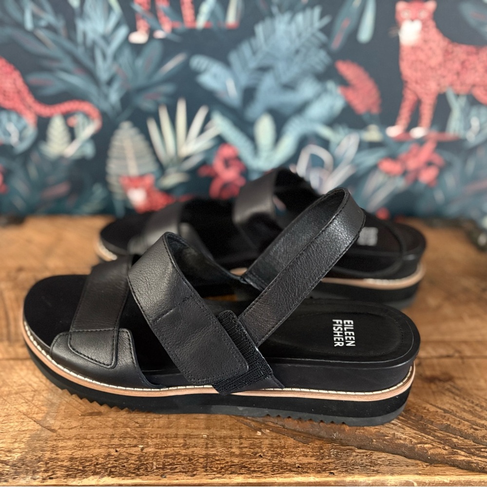 Eileen Fisher Black Leather Slingback Platform Sandals